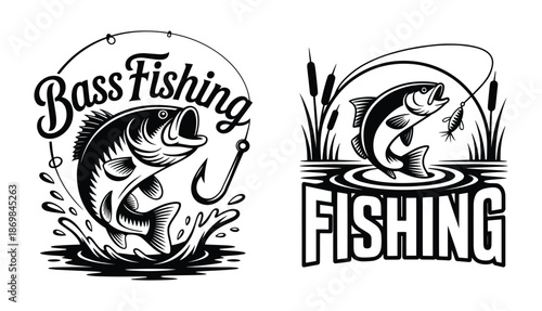 Bass Fishing Logo, Bass fishing emblems, Jumping fish and fishing lure silhouette, leaping bass, fishing hooks, sport of fishing, used for logos, t-shirt or merchandise