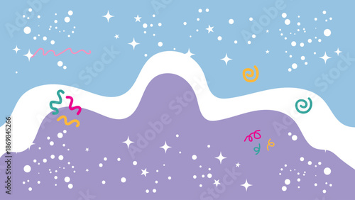 Vibrant purple snowy mountain landscape with colorful confetti and stars in a bright blue sky with white snowflakes and sparkles with starry sky