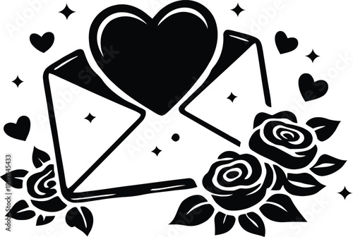 Open love letter envelope with heart and roses silhouette vector illustration for valentine day card design.