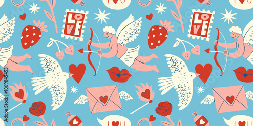 Funny vintage cartoon cupid character seamless pattern. Retro romantic valentine's day background. Cute flying dove, red hearts, envelope endless pattern for textile, fabric, wallpaper, banner. Love