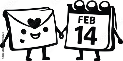 Black and white vector illustration of cute love letter envelope and February 14 calendar holding hands icon.