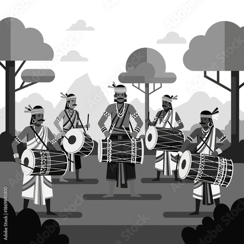 Traditional Drummers in Cultural Attire Performing.