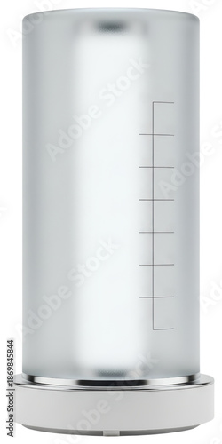 Frosted cylindrical water tank container with measurement lines isolated on a transparent background