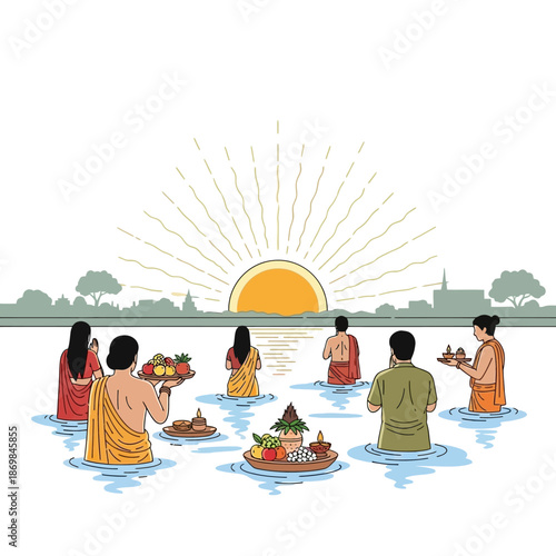 Group of People Performing Chhath Puja Ritual.