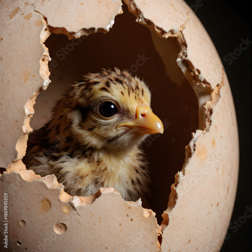 Baby chick hatching from pale beige eggshell in macro photograph - Concept of Easter  