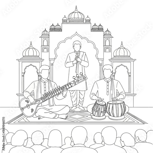 Indian Classical Musicians Performing Traditional Instruments.