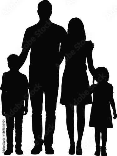 Happy family silhouette with parents and two children standing together black vector illustration love relationship parenting concept