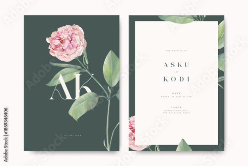 minimalist wedding invitation card with peonies watercolor
