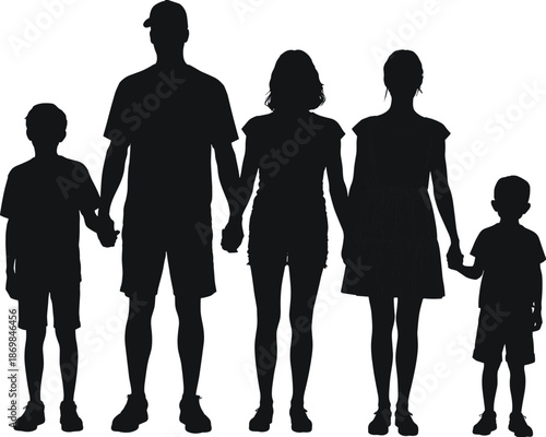 Happy family silhouettes holding hands, parents and children togetherness love unity concept isolated on white background illustration