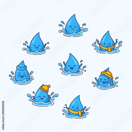Cute Water Droplet Characters with Different Expressions and Accessories.