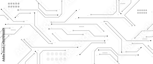 Abstract technology background. White circuit lines and connected dots on dark tech bg. circuit board background