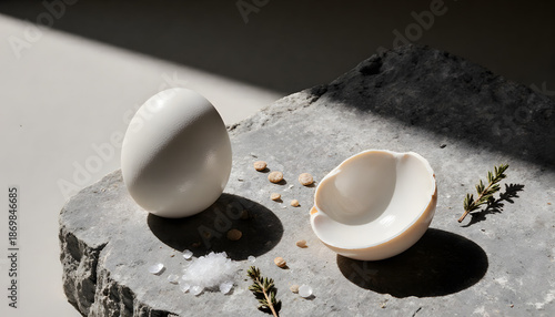 Minimalist still life featuring two white eggshell halves on grey limestone - Concept of Easter  