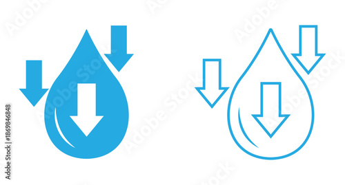 Low water level icon vector. Down water level sign. Water drop icon with arrow. Water drops are falling downwards. Vector illustration. 