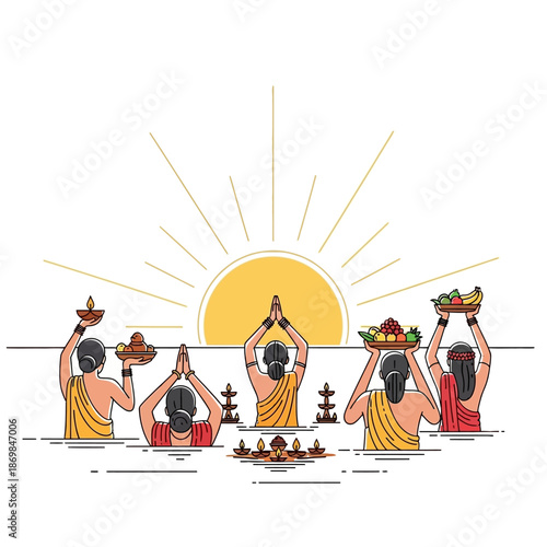 Women Performing Rituals in Water at Sunrise.