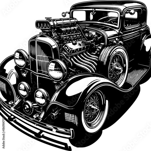 Classic Hot Rod: An impeccably detailed illustration of a vintage hot rod, showcasing its powerful engine and sleek design, embodying the spirit of classic car culture and speed.