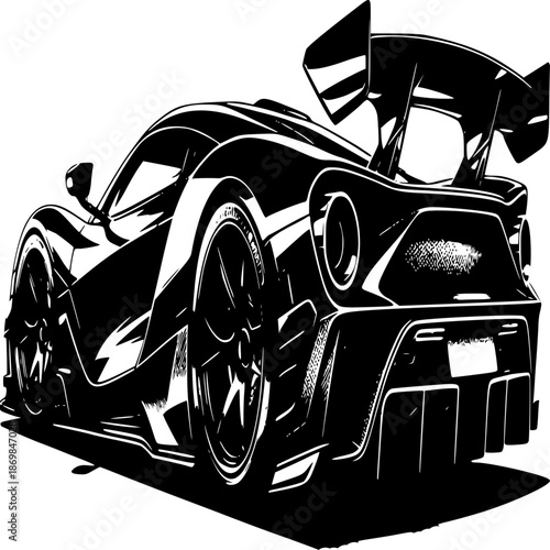 Sleek Silhouette: A monochrome rendering captures the essence of speed and design, showcasing a modern vehicle from a dynamic rear perspective.