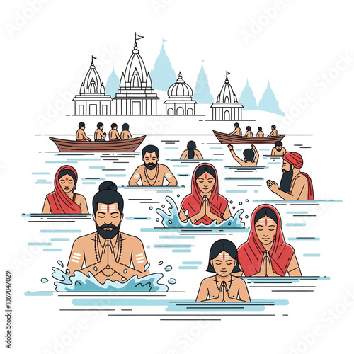 People bathing in river with temple.