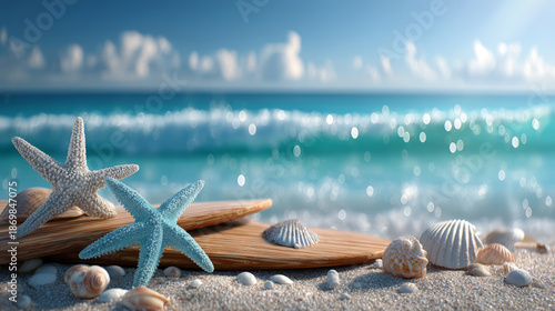 Blue surfboard and beach shells
