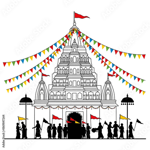 Temple Ceremony with Devotees and Flags.