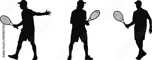 Male tennis player silhouettes holding racket in different poses, professional tennis sport action isolated on white background studio