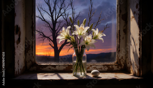 Easter bouquet of white lilies and willow branches in glass vase at sunset  