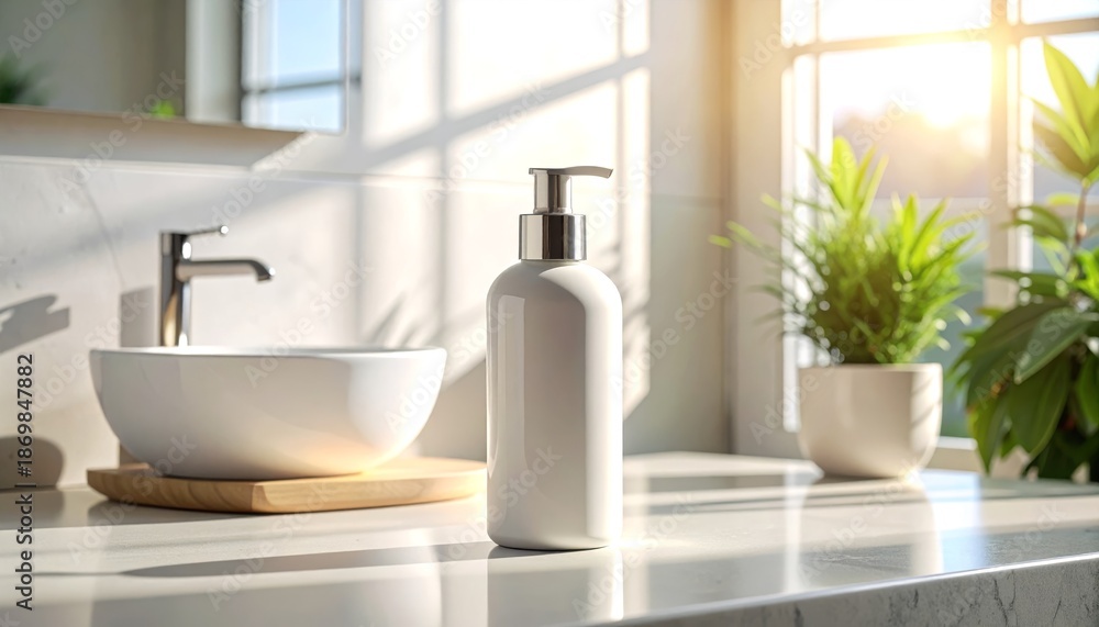 Fototapeta premium A sleek white bathroom sink and dispenser on a marble countertop, illuminated by natural light from a nearby window, with a potted plant nearby.