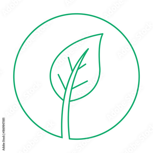 Green leaf icon outline in circle representing nature growth ecology organic sustainable living and environmental care