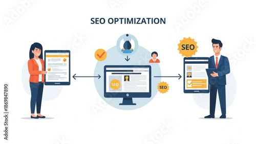 Business professionals optimizing website for SEO success