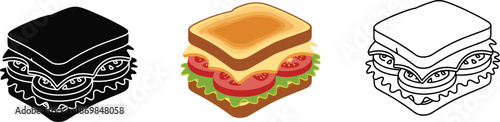 Sandwich icon set in solid color and outline styles fast food meal vector illustration tasty lunch design isolated