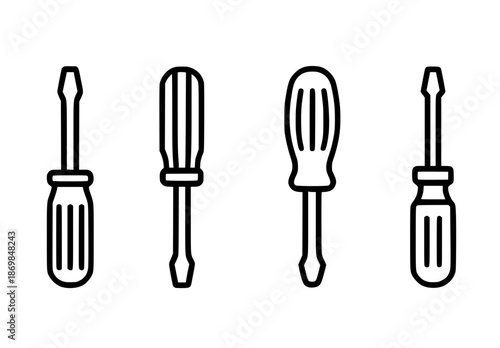 4 screwdriver illustration icons in outline style, transparent background