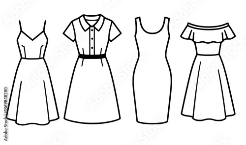4 dress illustration icons in outline style, transparent background