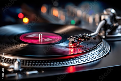 Close up of record player with pink vinyl record spinning