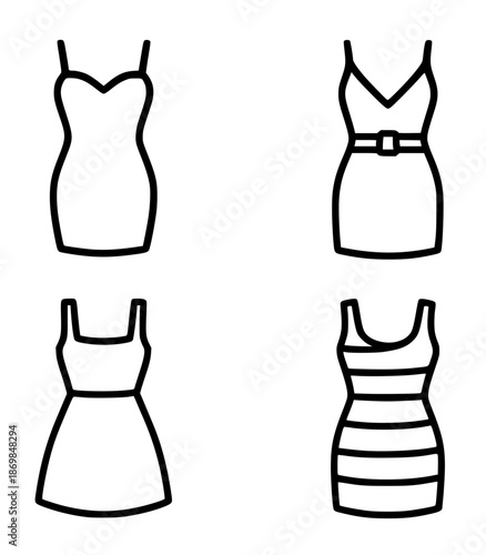4 minidress illustration icons in outline style, transparent background