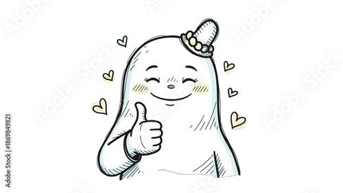 A cartoon ghost character giving a thumbs up with hearts around it.