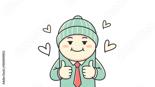 Cartoon character giving thumbs up with hearts around.