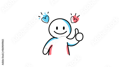 Simple stick figure giving thumbs up with hearts around head.