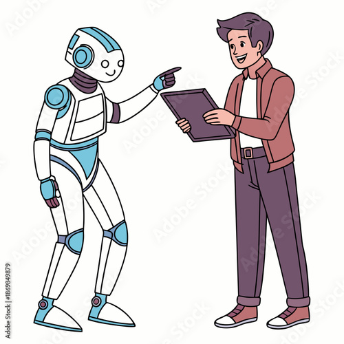 Robot explaining technology to man