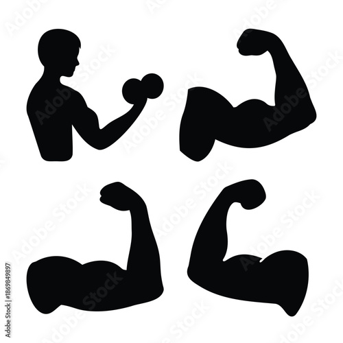 Muscular arm strength and fitness icon set: a collection of bicep flex silhouettes