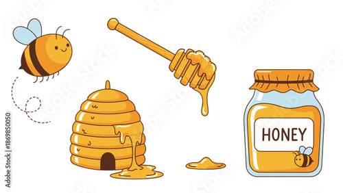 Cartoon beehive with honey and bee illustration.