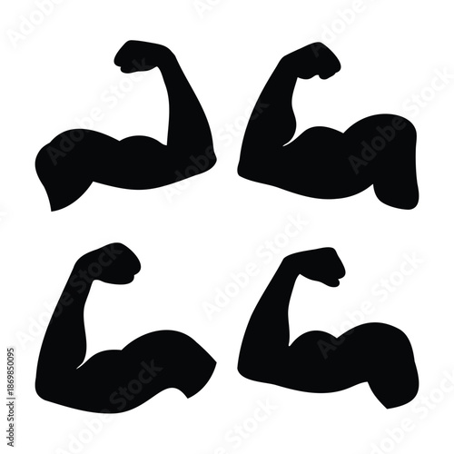 Four powerful flexed arm muscle silhouettes symbolizing strength and fitness