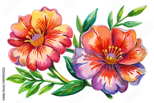 Vibrant watercolor flowers with green leaves on white background