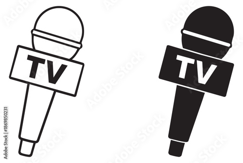 Line art and solid icon television microphone set featuring broadcast designs for news reporting
