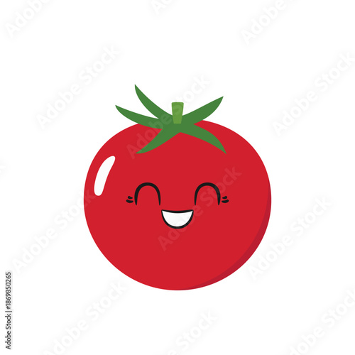 Cartoon tomato, ripe red vegetable, cute character, happy smiling face, emotions joy delight, big eyes, ketchup symbol, kawaii style, flat vector illustration.
