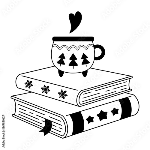 Winter books and holiday mug illustration in black color, Winter bookish doodle, Book lover sticker, Cozy reading, Bookstore vector graphic.