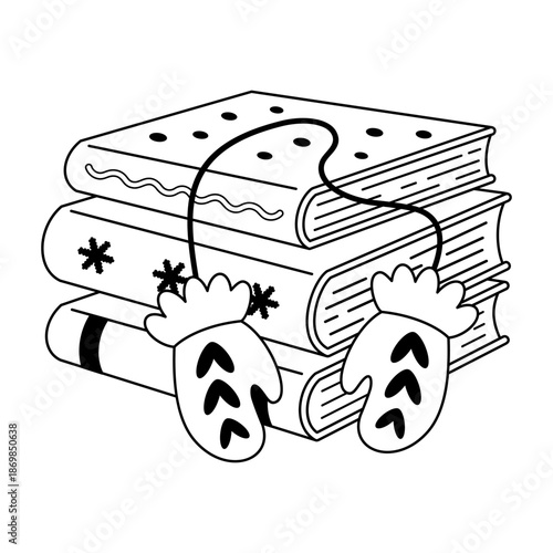 Winter books and mittens illustration in black color, Trendy bookish doodle, Book lover sticker, Bookstore vector graphics.