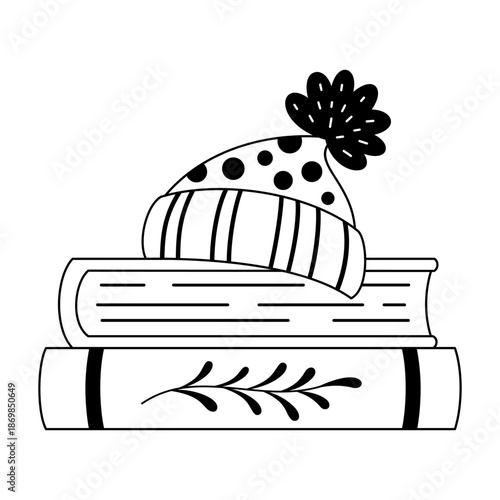 Winter books and warm hat illustration in black color, Trendy bookish doodle, Book lover sticker, Bookstore vector graphics.
