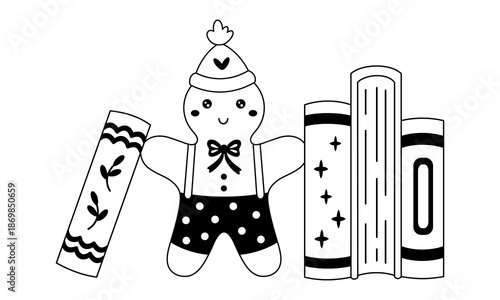 Cartoon winter books and gingerbread man illustration in black color, Christmas bookish doodle, Book lover sticker, Cozy reading vector illustration.