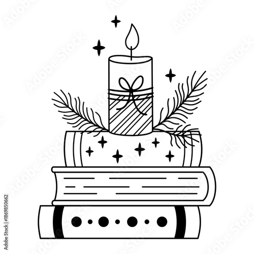 Winter books and holiday candle illustration in black color, Trendy bookish doodle, Book lover sticker, Bookstore vector graphics.