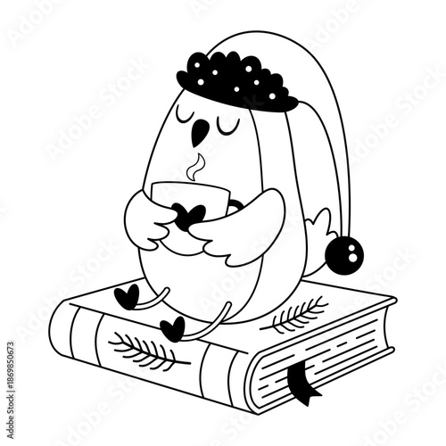 Cute winter owl and books illustration in black color, Trendy bookish doodle, Book lover sticker, Bookstore vector graphics.