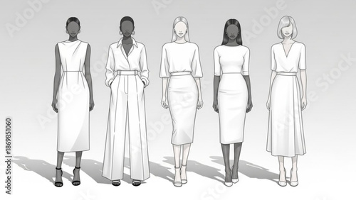 Five diverse women in different white dresses standing in a line on a gray